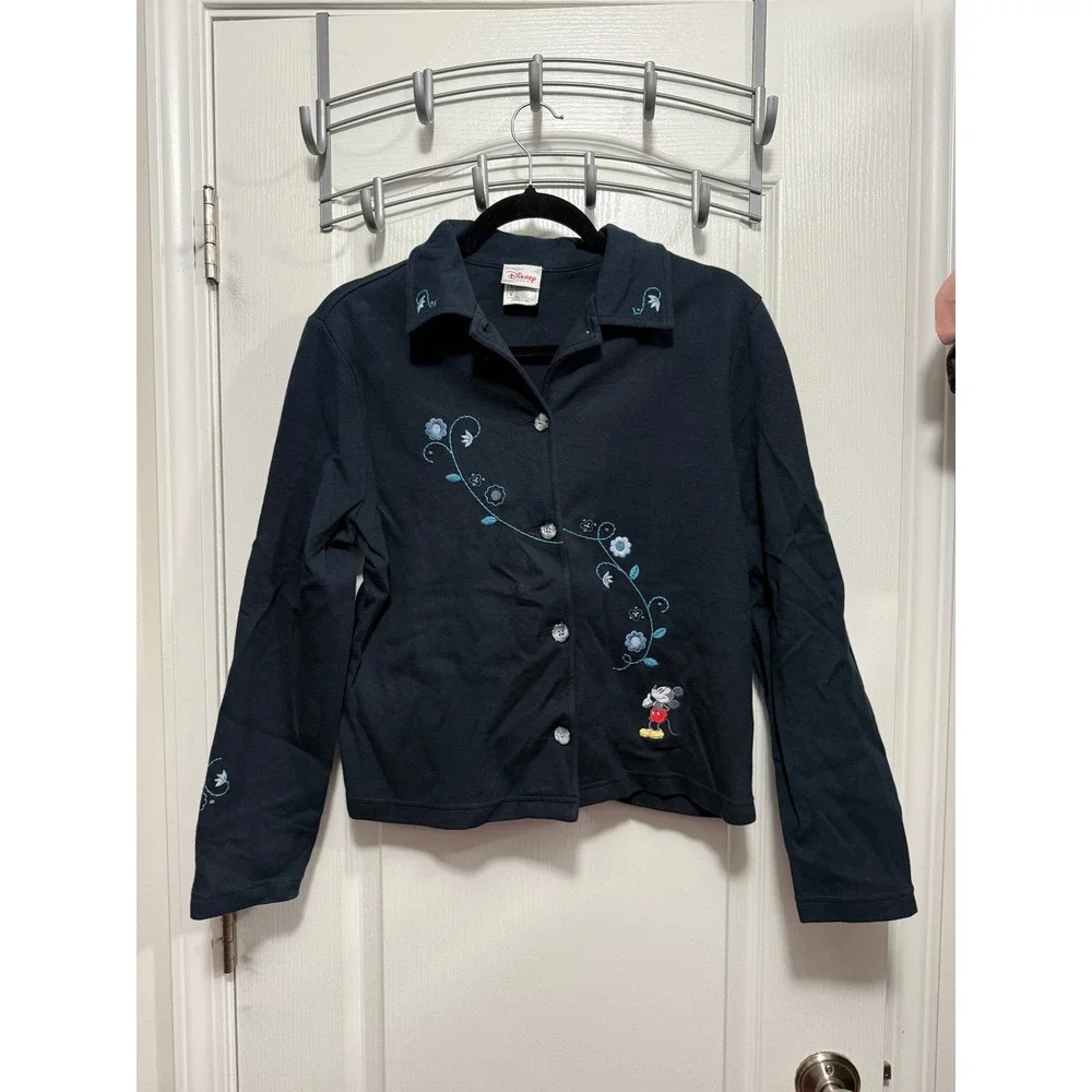 vintage Disney Mickey Mouse Embroidered Button Front Cardigan Womens S Navy Blue